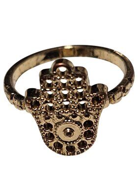 Gold Tone Hamsa Hand Ring Intricate Detailing Fatima Protection Jewelry Women